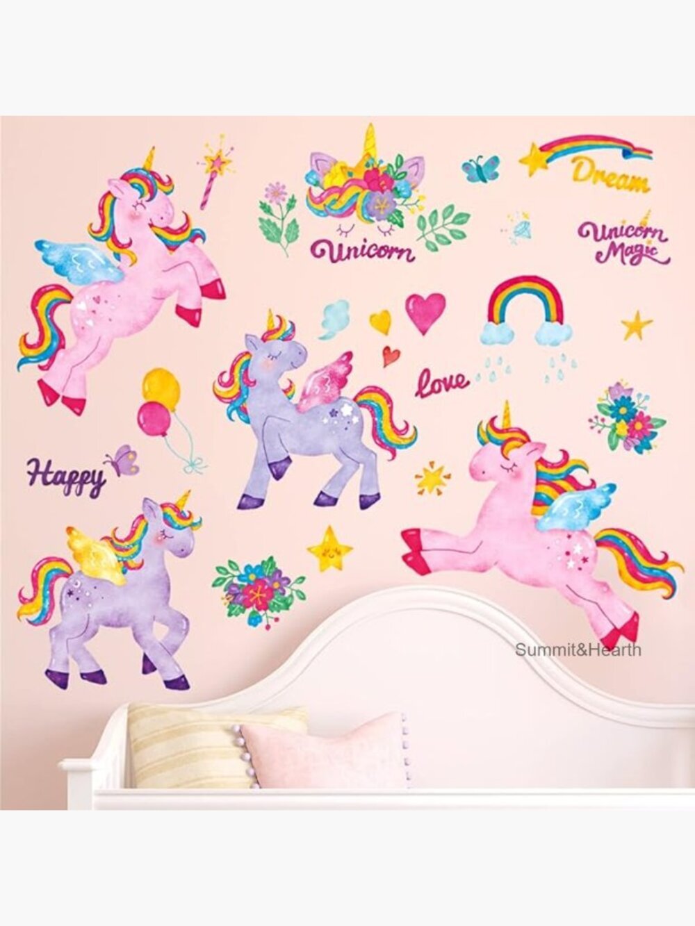 Vinyl Wall Decals with Unicorns, Rainbows, Inspirational Quotes for Kids Room